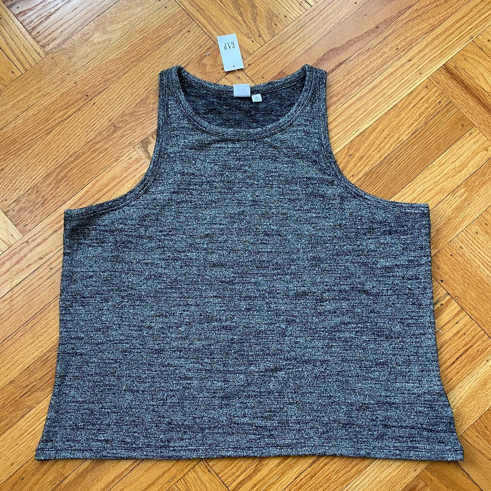 Black racerback tank with silver thread weave